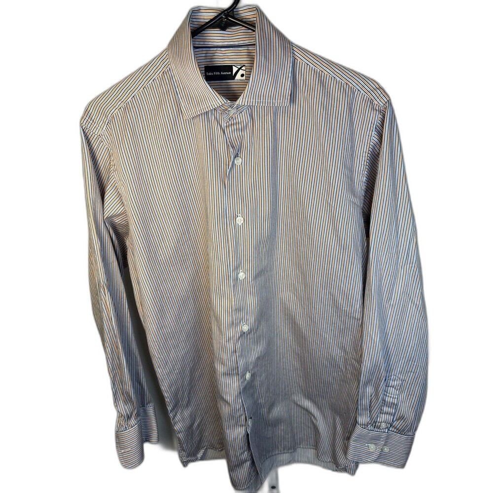 Saks 5th Ave Mens Cotton Dress Shirt Medium Black Label Stripe Button-Up $200